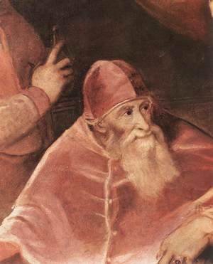 Tiziano Vecellio (Titian) - Pope Paul III with his Grandsons Alessandro and Ottavio Farnese (detail) 1546
