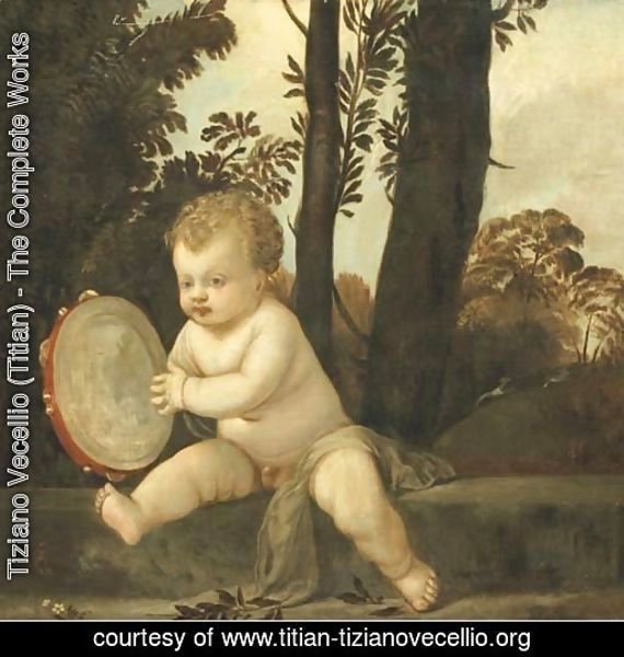 A putto playing the tambourine in a wooded landscape