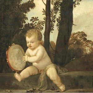 A putto playing the tambourine in a wooded landscape