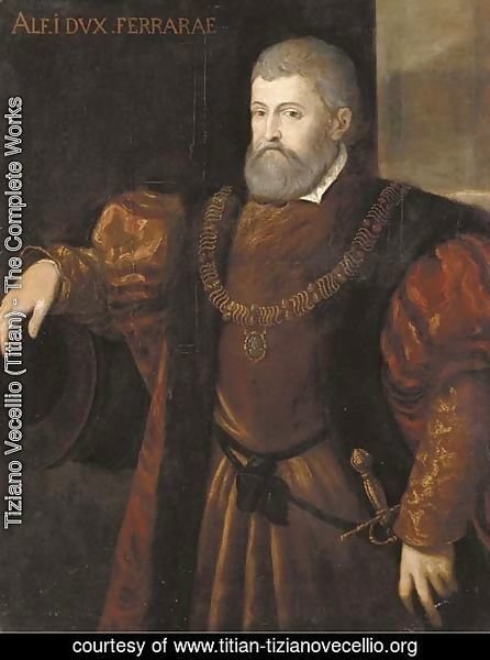Portrait of Alfonso I, Duca di Ferrara, half-length, wearing a fur trimmed coat, his right arm resting on a cannon barrel
