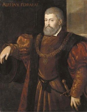 Tiziano Vecellio (Titian) - Portrait of Alfonso I, Duca di Ferrara, half-length, wearing a fur trimmed coat, his right arm resting on a cannon barrel