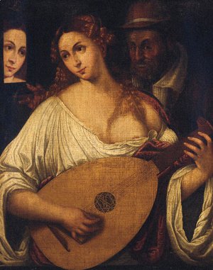 A woman playing the lute by an old man