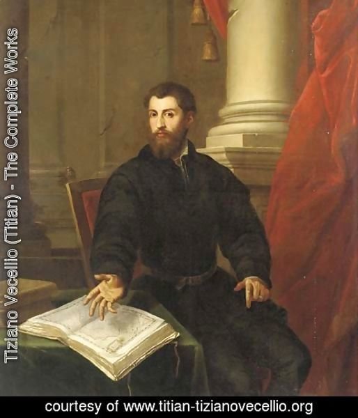 Tiziano Vecellio (Titian) - Portrait of a gentleman, three-quarter-length, in a black coat, seated at a table with an open atlas