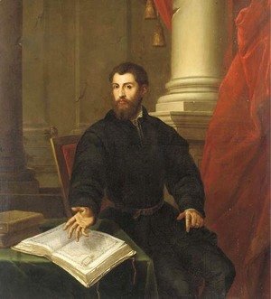 Portrait of a gentleman, three-quarter-length, in a black coat, seated at a table with an open atlas
