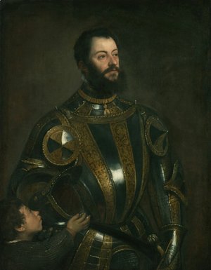 Tiziano Vecellio (Titian) - Portrait of Alfonso d'Avalos , in Armor with a Page