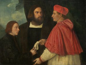 Tiziano Vecellio (Titian) - Girolamo and Cardinal Marco Corner Investing Marco, Abbot of Carrara, with His Benefice