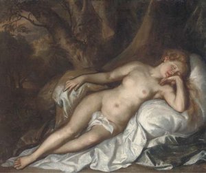 Study of a sleeping nymph in a woodland landscape