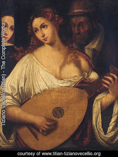 A woman playing the lute by an old man