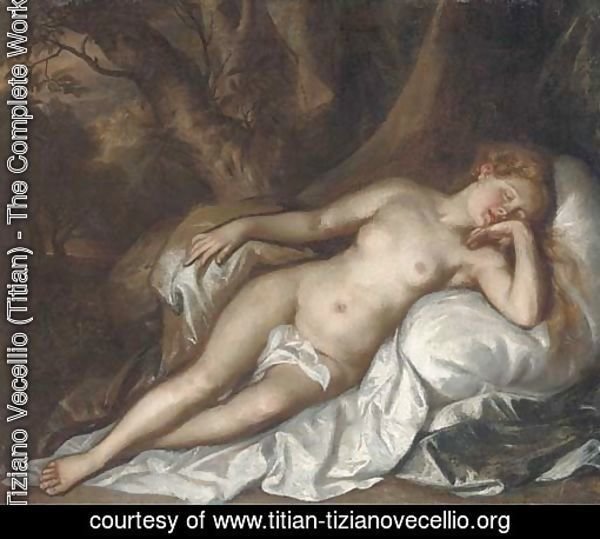 Study of a sleeping nymph in a woodland landscape