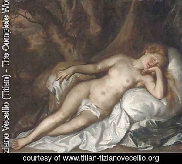 Tiziano Vecellio (Titian) - Study of a sleeping nymph in a woodland landscape