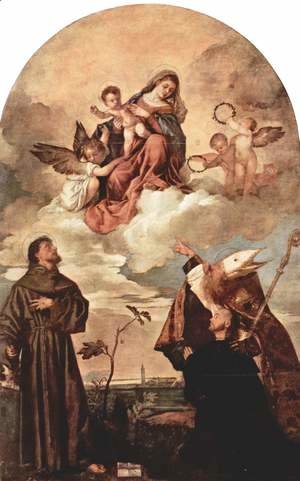 Mary in Glory, with Christ Child with Angels, St. Francis, St. Alvisus and the kneeling donor Luigi Gozzi
